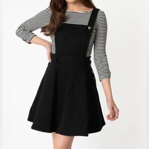 Hell Bunny 50s Retro Black Stretch Denim Mini Pinafore Dress Overalls Large W32